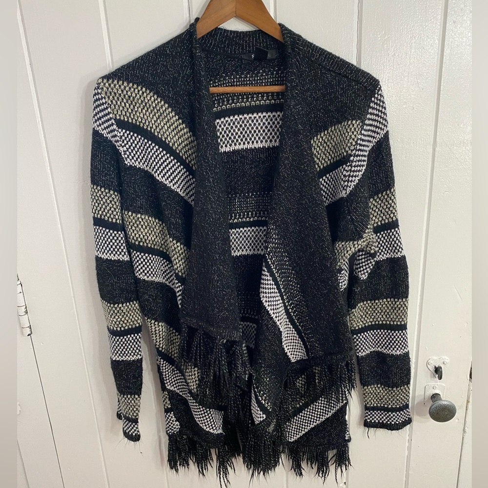 Style & Co Blanket Fringe Cardigan Sweater Black White And‎ Beige Size Medium M